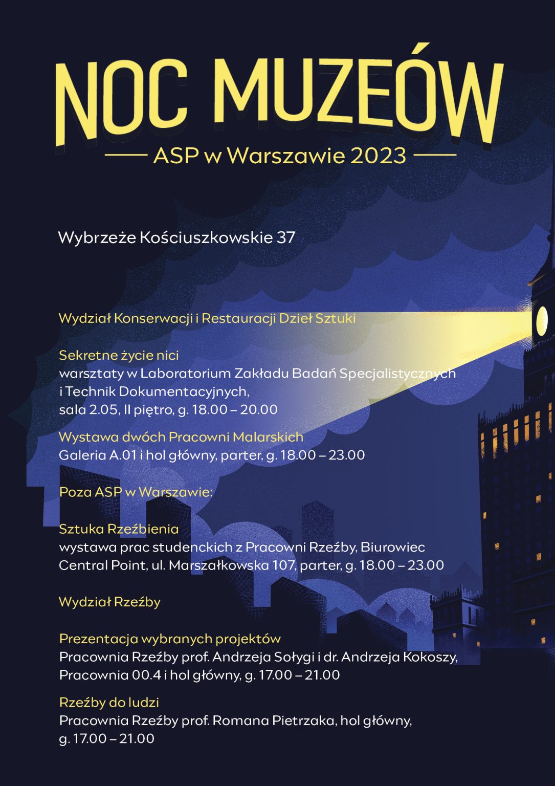 Harmonogram Nocy Muzeów. Zawiera informacje udostępnione w tekście głównym.
