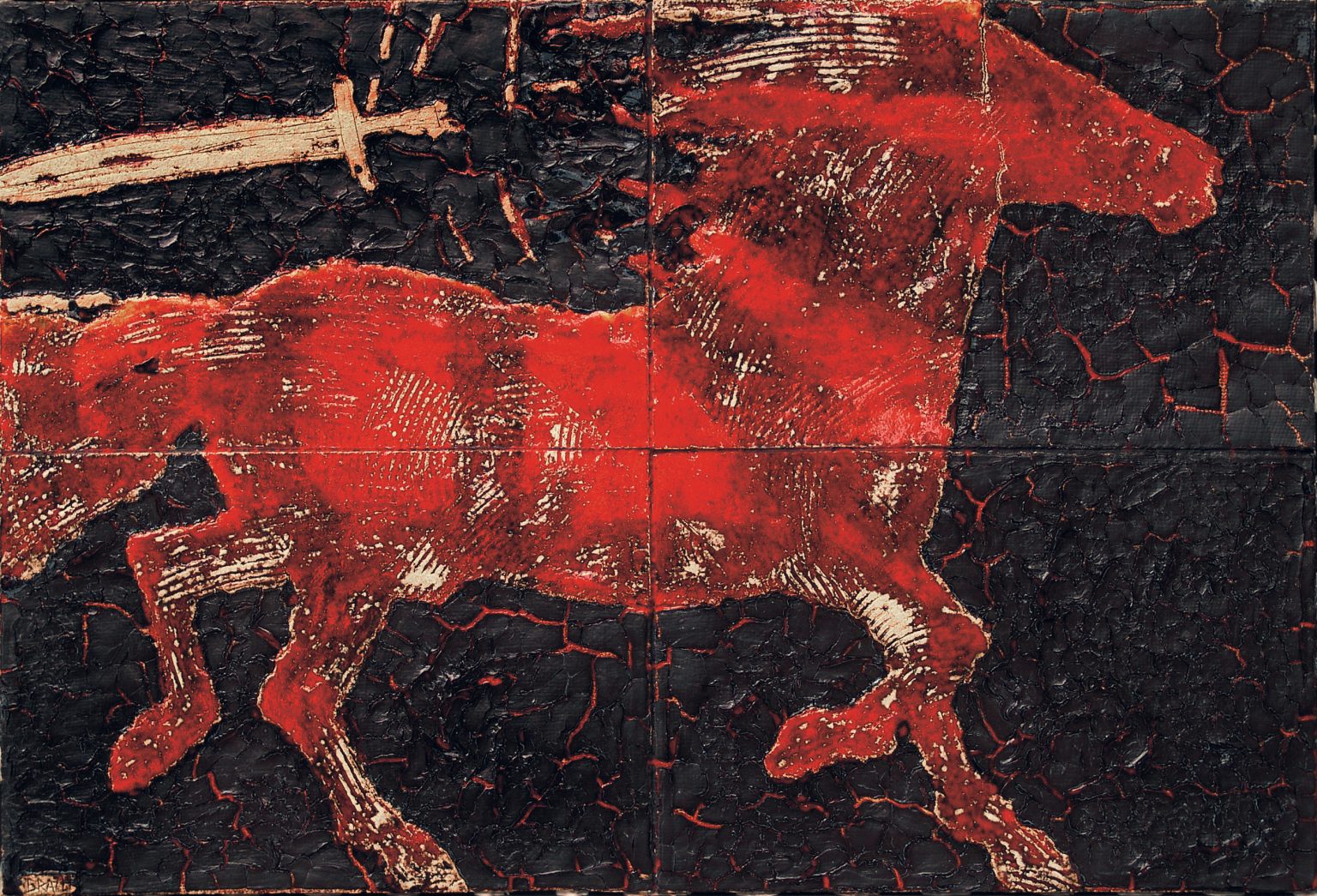 S.Brach, Czerwony - z cylku Jeźdźy Apokalipsy – obraz ceramiczny 118x81 – 2005