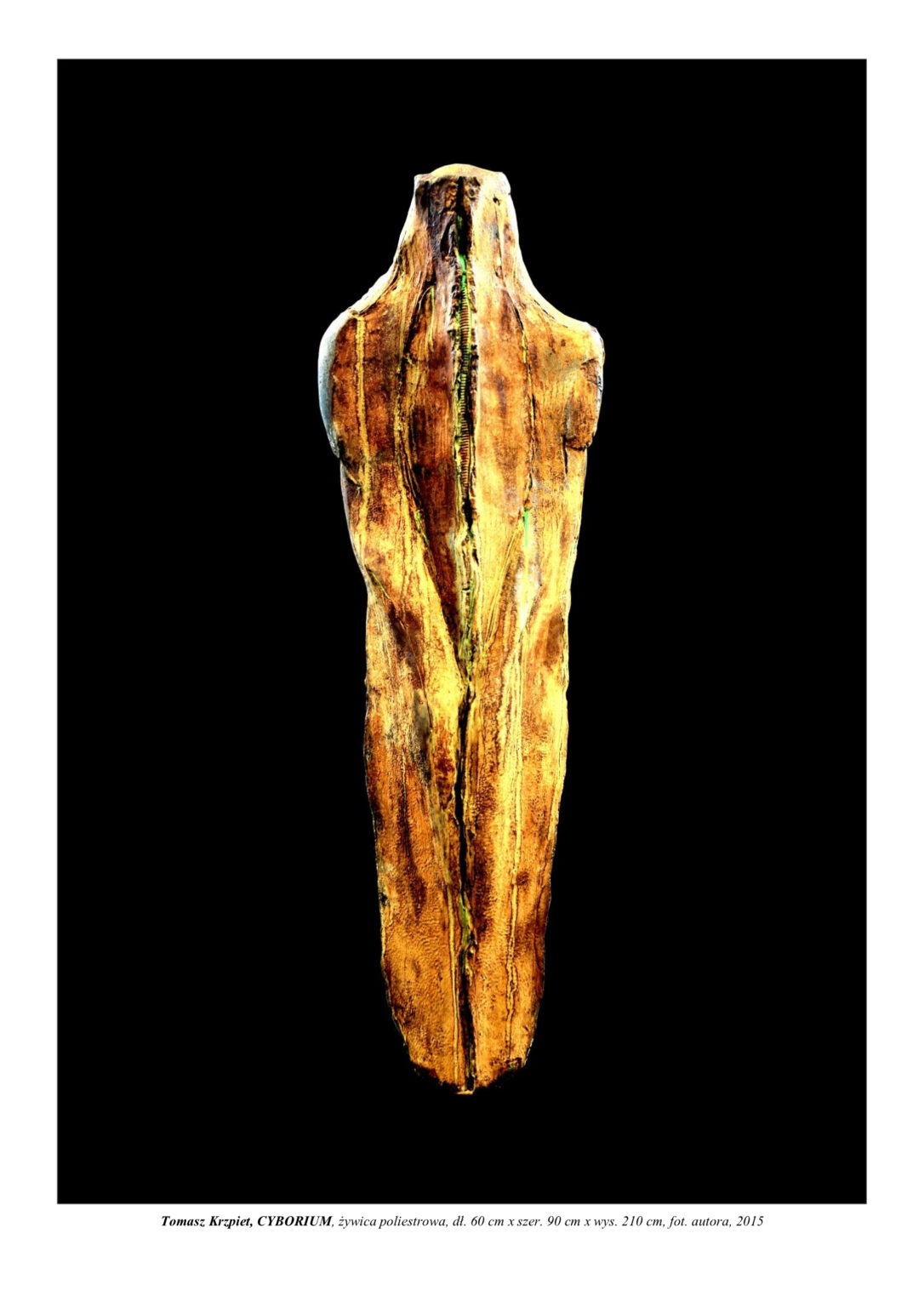 Rzeźba stojącego biologicznego sarkofagu przypominającego bryłę człowieka. To naczynie na życie ludzkie, które może przetrwać po nieznanym kataklizmie. Kompozycja rzeźbiarska w kolorystyce barw ziemi.