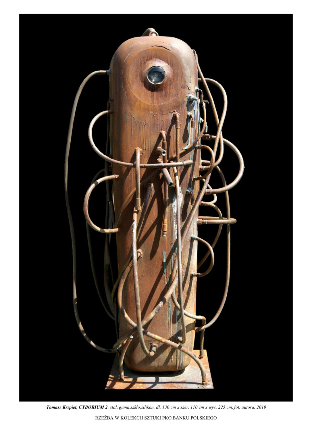 naczyniem na życie, które ma chronić przed nieznanym kataklizmem. Kompozycja rzeźbiarska w kolorystyce barw rdzy i stali.