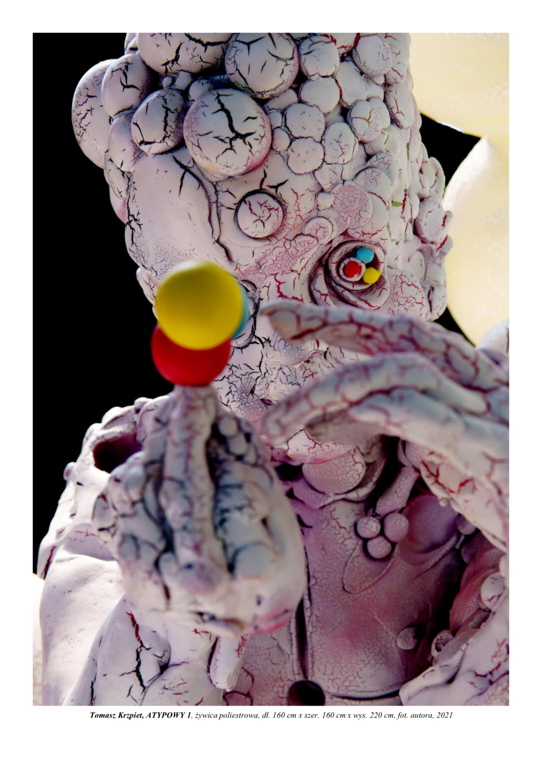 Rzeźba chłopca zbudowanego z atomów, który w palcach trzyma trzy atomy w kolorach żółtym, czerwonym i niebieskim. Kompozycja rzeźbiarska w kolorystyce barw podstawowych (żółtym, czerwonym i niebieskim). Rzeźba jest widoczna w zbliżeniu od głowy do pasa.