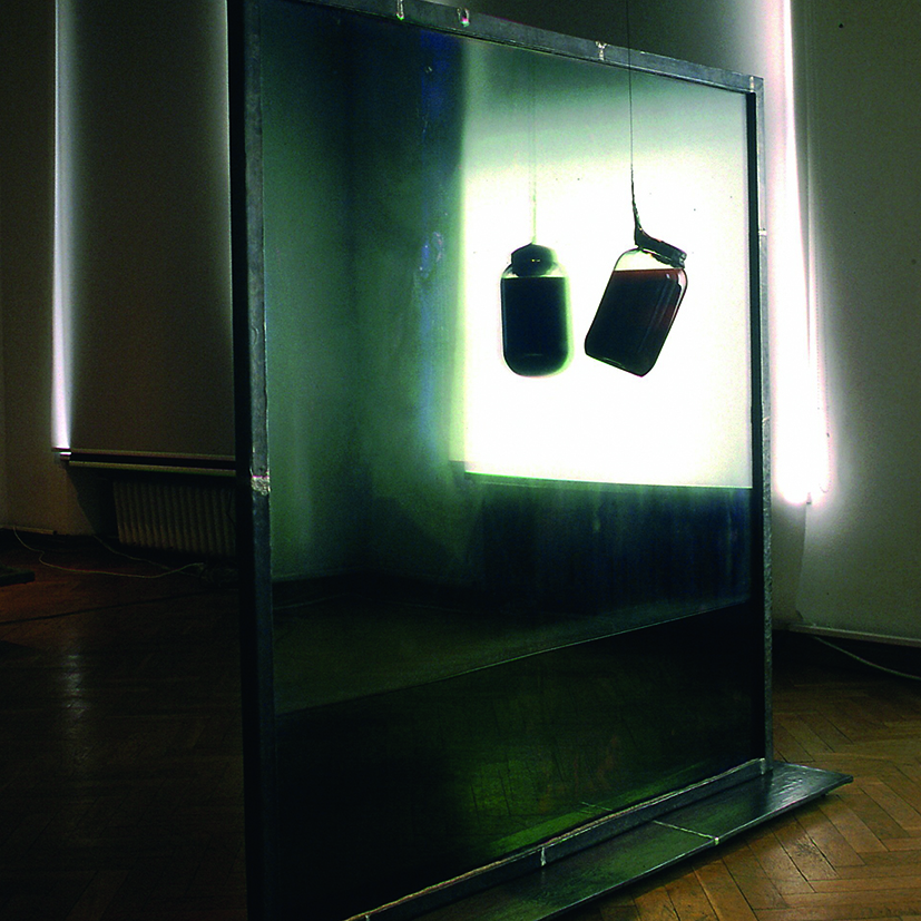 G.Witek, „WITRAŻ”, szkło, matal, gencjana, woda, krew (mistyfikacja wys. 180 cm, 2005