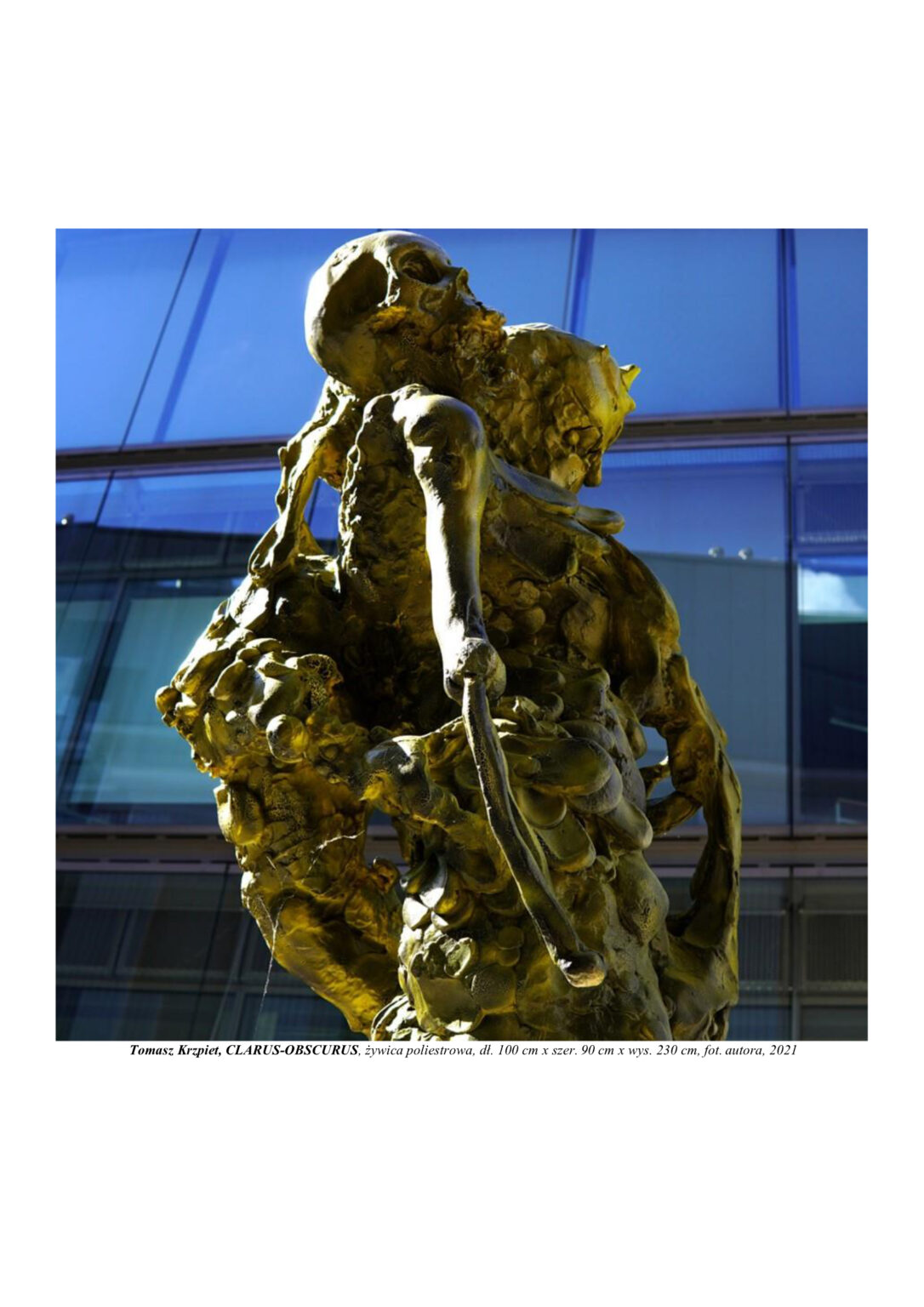 Rzeźba mężczyzny w dramatycznym wygięciu do tyłu. Stoi na sześcianie. Jego struktura tworzy się i pączkuje poprzez podział komórkowy, a jednocześnie rozpada. Widoczne są kości prawej ręki. Ma trzy zdeformowane głowy. Kompozycja rzeźbiarska w kolorystyce żółtej i czarnej (barwy ostrzegawcze zwierząt). Rzeźba jest widoczna w zbliżeniu od głowy do pasa.