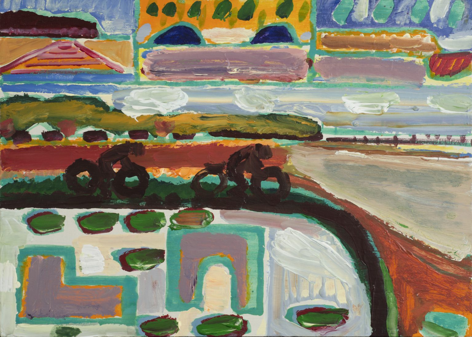 Rowerzyści w pejzażu, 2016, akryl, płótno, 65x80 cm