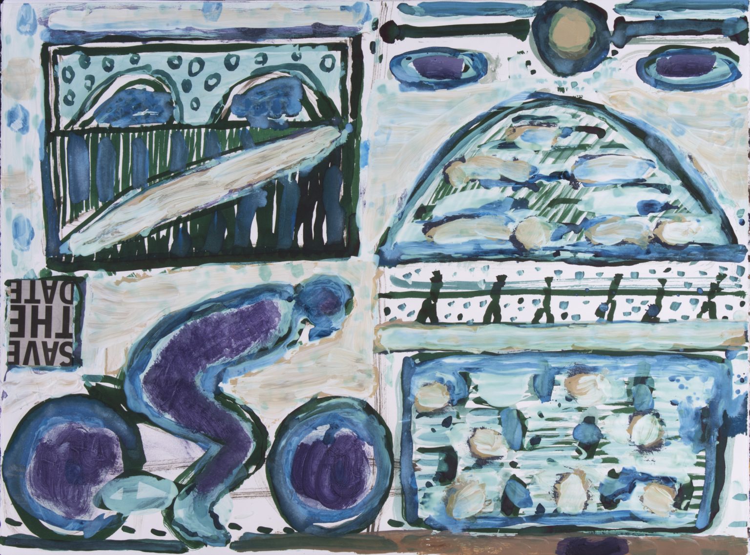 Rowerzysta w pejzażu, 2017, akryl, kolaż, płótno, 56x76 cm.