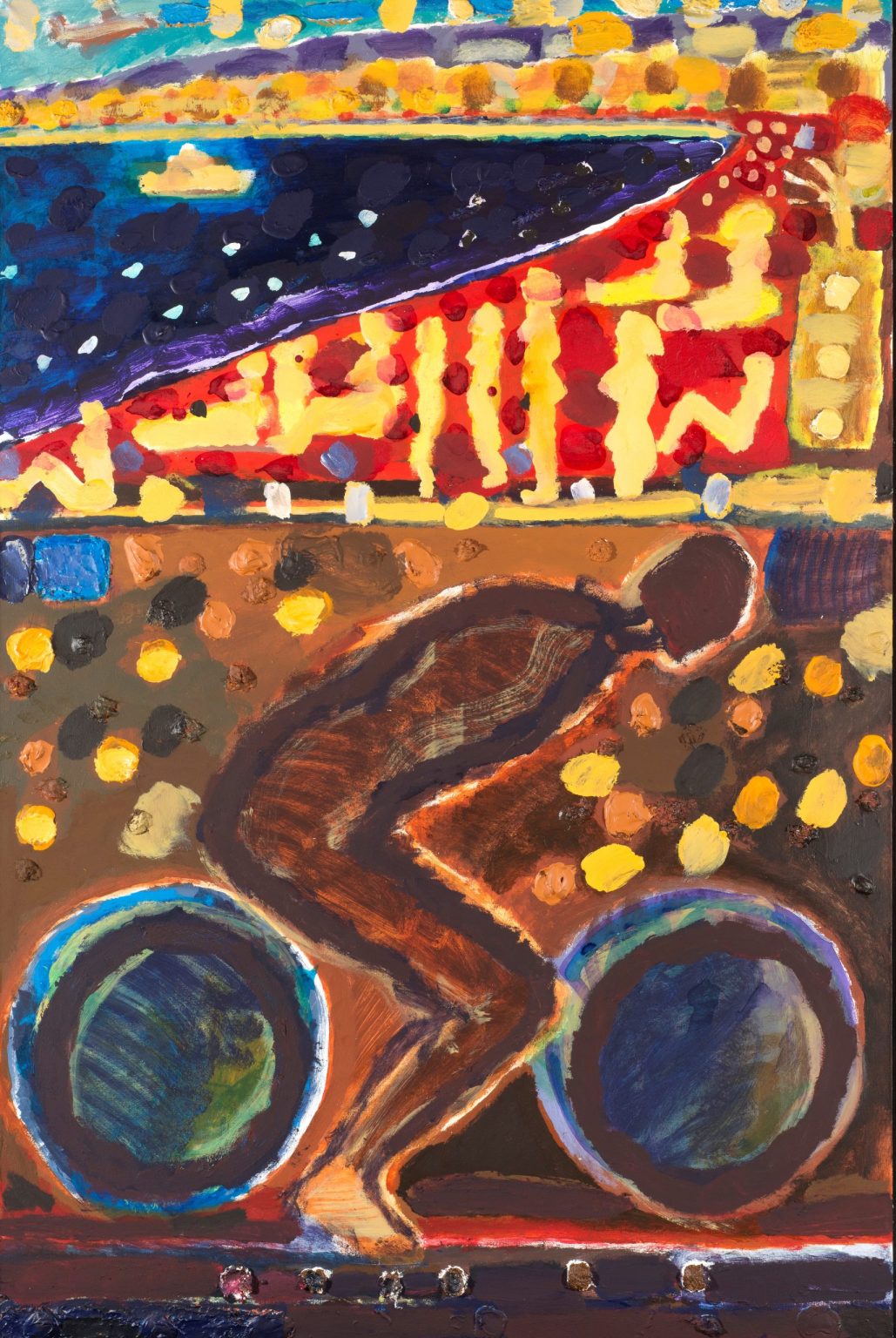 M.Woszczynski, Rowerzysta i plaża, 2017, farby wodne, płótno, 200x130 cm